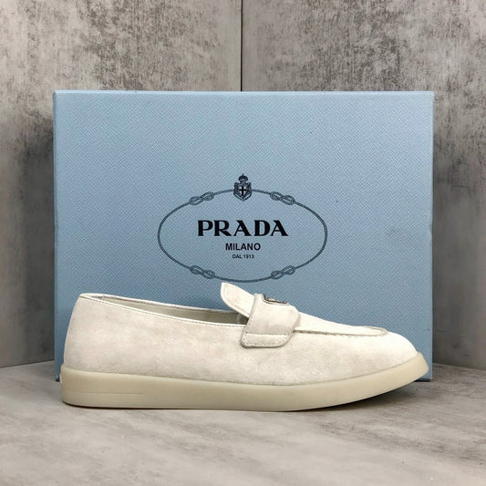 Prada Logo-Plaque Suede Loafers "White"
